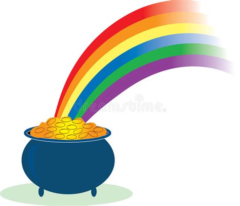 Vector Pot Of Gold Coins And Rainbow On The Field Stock