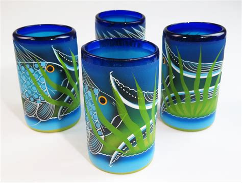 Mexican Glass Tumblers 16 Oz Set Of Four Hand Painted With
