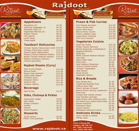 indian restaurant rajdoot menu indian restaurants  calgary pinterest