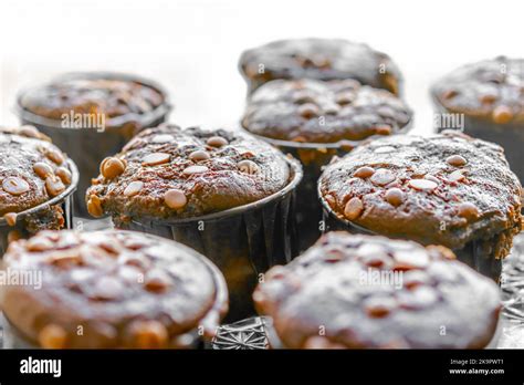 Muffins With Chocolate Chips Homemade Close Up Macro Photography White