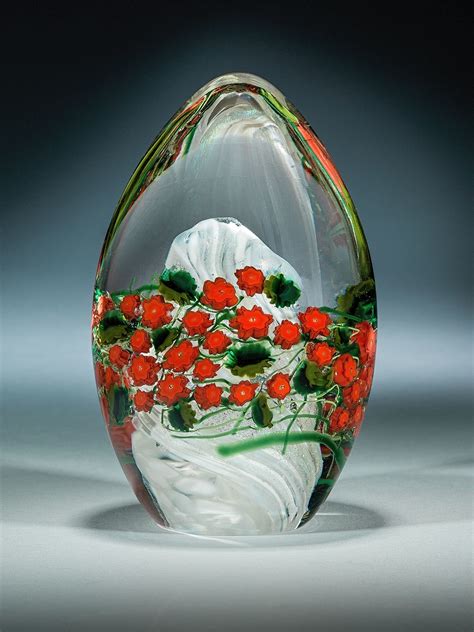 Poinsettia Egg Paperweight By Shawn Messenger Art Glass Paperweight