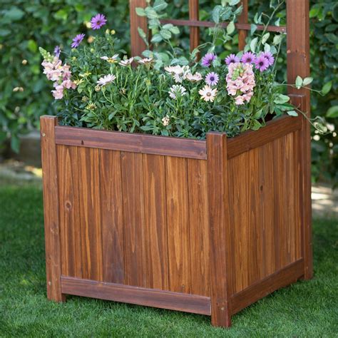 warm cinnamon finish wood planter box  trellis craftsman style outdoor garden planters pots