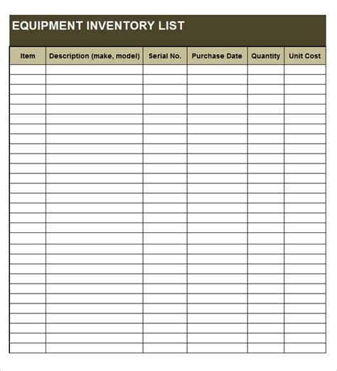 equipment inventory list templates ms office documents