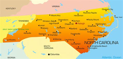 north  south carolina map  cities  towns time zones map world