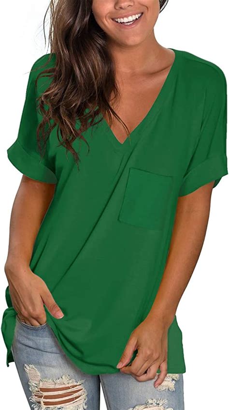 Nsqtba Green Shirts For Women V Neck T Shirts With Pocket