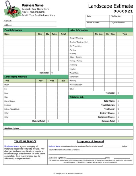 printable landscape bid template