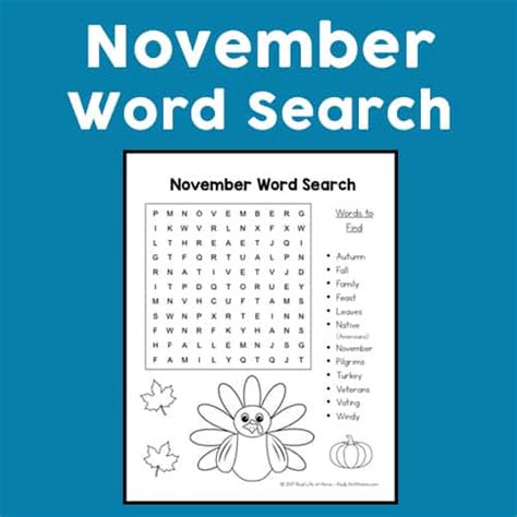 printable november word search printable puzzle  kids