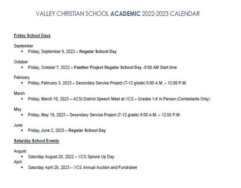 calendar valley christian school