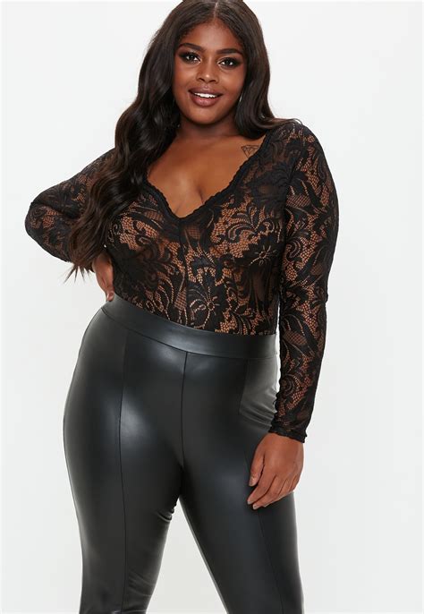 plus size black scallop lace long sleeve bodysuit plus size outfits