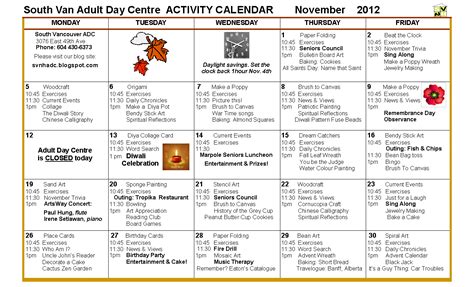 South Vancouver And Beulah Adult Day Programs November Calendar For