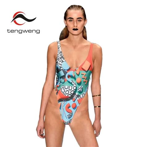 Tengweng 2017 Sexy Print One Piece Women Swimwear Narrow Straps Deep V