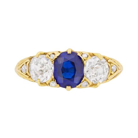 Victorian Three Stone Sapphire Diamond Gold Engagement Ring For Sale At