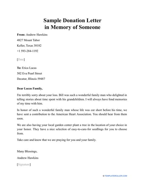 sample donation letter  memory    printable
