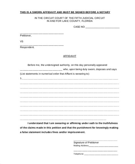 printable affidavit statement form tutoreorg master  documents