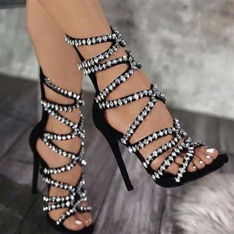 sexy bling rhinestones drilled straps sandals stiletto high heel women