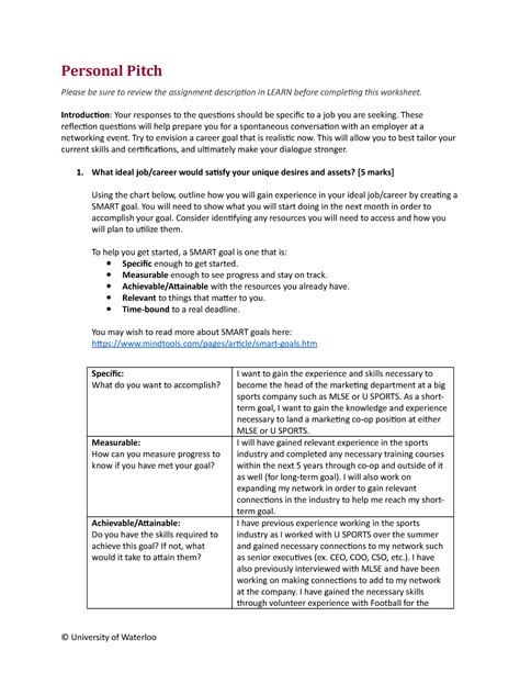 personal pitch worksheet personal pitch     review