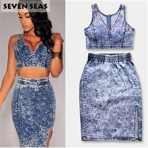 Fashion Hot Sexy 2 Pieces Crop Top And Denim Skirt Women Sets High
