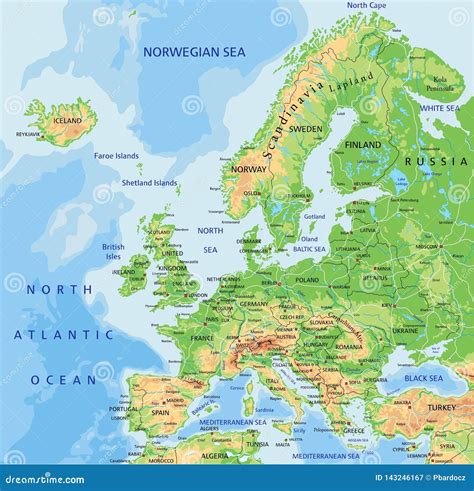 de hoog gedetailleerde fysieke kaart van europa met etikettering vector illustratie
