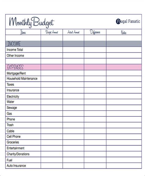 monthly budget forms  printable printable templates