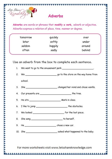 grade  grammar topic  adverbs worksheets lets share knowledge