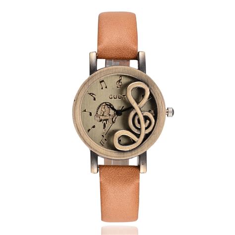 Luxfacigoo Women Watches Elegant Musical Note Carving Decorate Leather