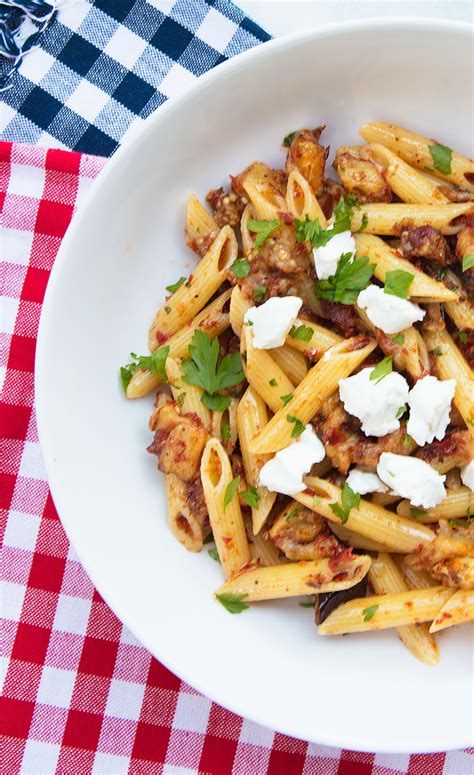 penne pasta with sun dried tomato pesto and roasted eggplant