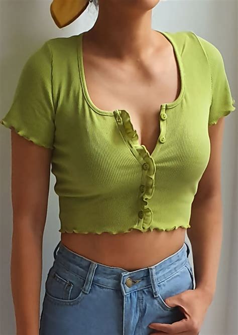 ribbed v neck frill button front crop top green lily lulu