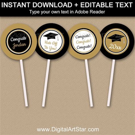 graduation cupcake toppers printable black  gold graduation party