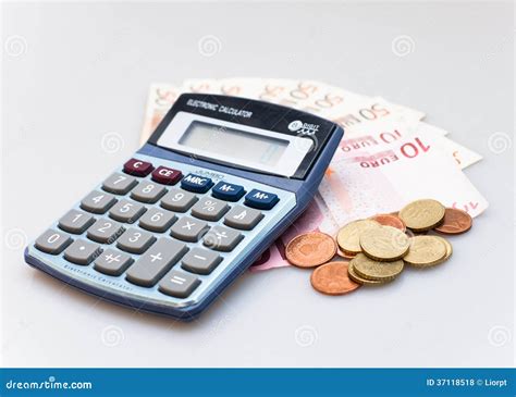 calculator euro notes  euro coins isolated  white stock photo image  office note