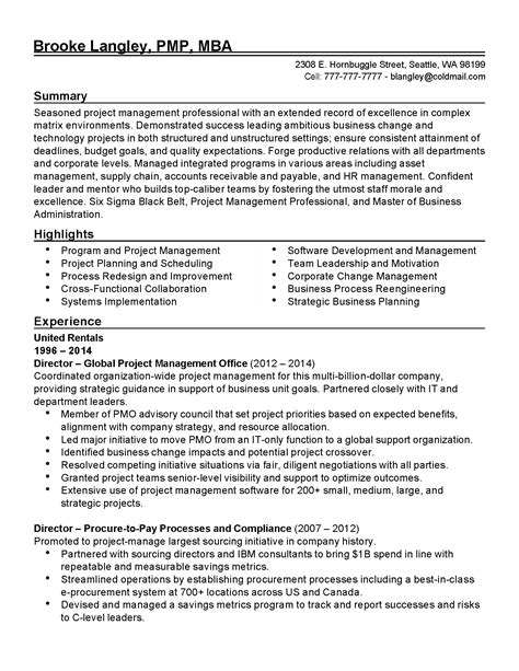global project manager resume  myperfectresume