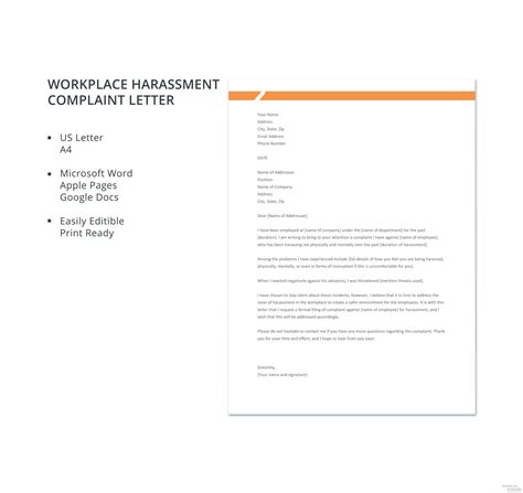 workplace harassment complaint letter template  microsoft word apple pages google docs