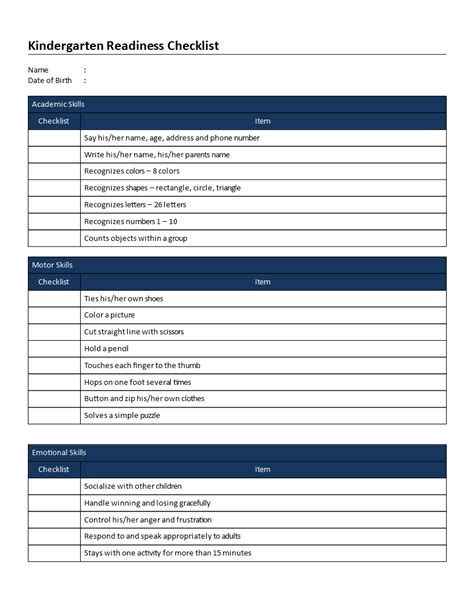 kindergarten readiness checklist templates  allbusinesstemplatescom