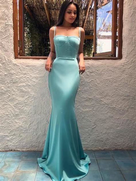 tiffany blue sexy satin spaghetti strap mermaid prom dress