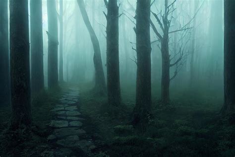 landscape  haunted mist forest  pathway dark background creepy