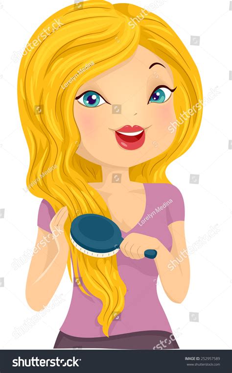 Illustration Girl Brushing Her Long Blonde Stock Vector 252957589
