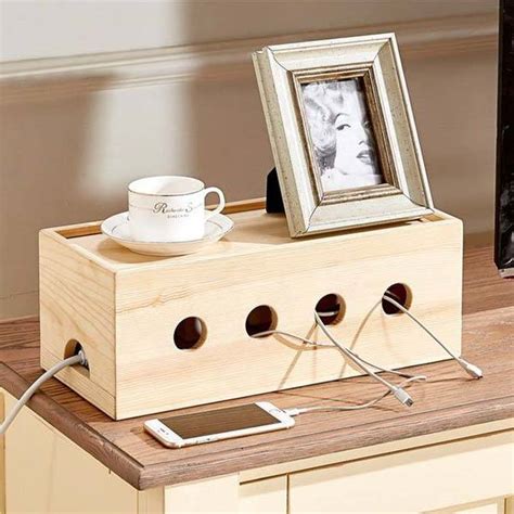wooden cable organizer box hides  power strip  tangled