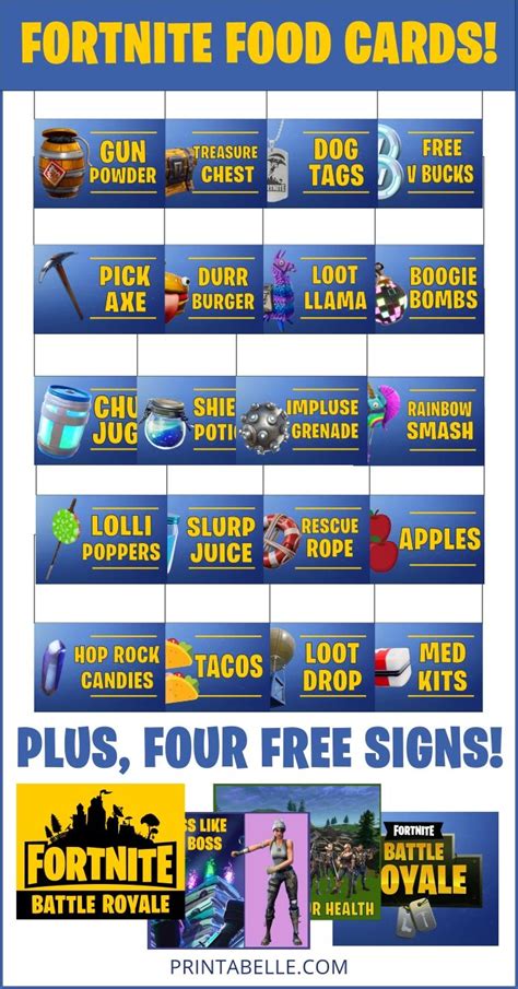 fortnite food cards party printables birthday party printables