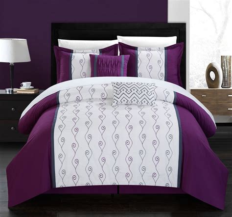 chic home priston  piece comforter set color block embroidered bed   bag plum