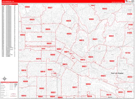 Los Angeles County Ca Zip Code Wall Map Red Line Style By Marketmaps