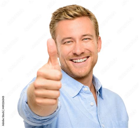 happy man thumbs  sign full length portrait  white backgroun stock