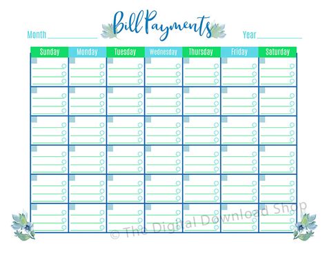 bill payments calendar printable floral  digital  shop
