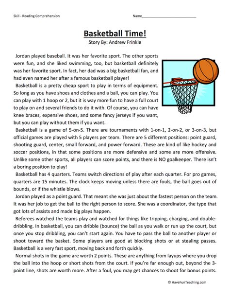 basketball time reading comprehension worksheet  fun teaching