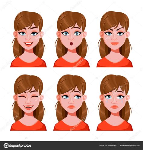 face expressions beautiful woman set different emotions female cartoon