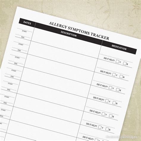 allergy symptoms tracker printable allergic form food pet