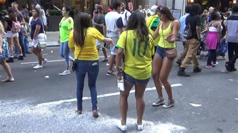3 Young Brazilian Girls Dancing Street Samba Taking Selfies At Brazil