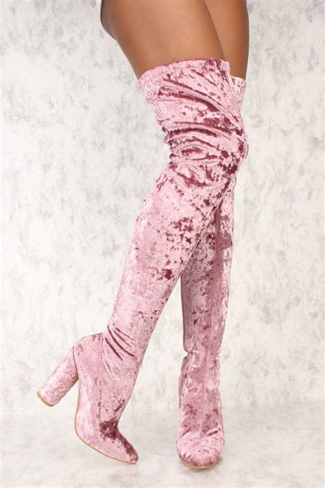 sexy dusty rose thigh high boots circle chunky heel crushed velvet