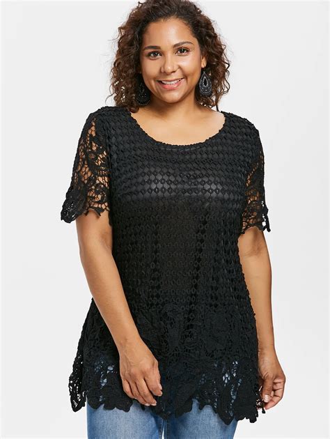 Wipalo Women Plus Size 5xl Crochet Lace Blouse Scoop Neck Short Sleeves