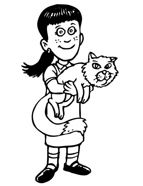cat coloring page  happy girl holding  cat