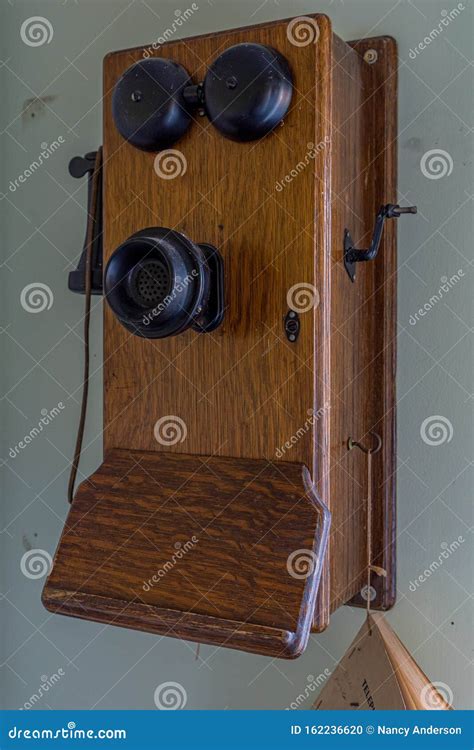 antique wooden crank telephone   wall editorial image image  call device