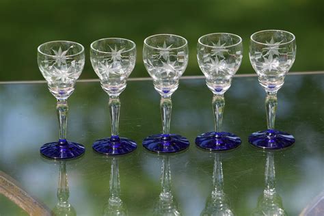 Vintage Etched Wine Cordials With Cobalt Blue Foot Set Of 5 Circa